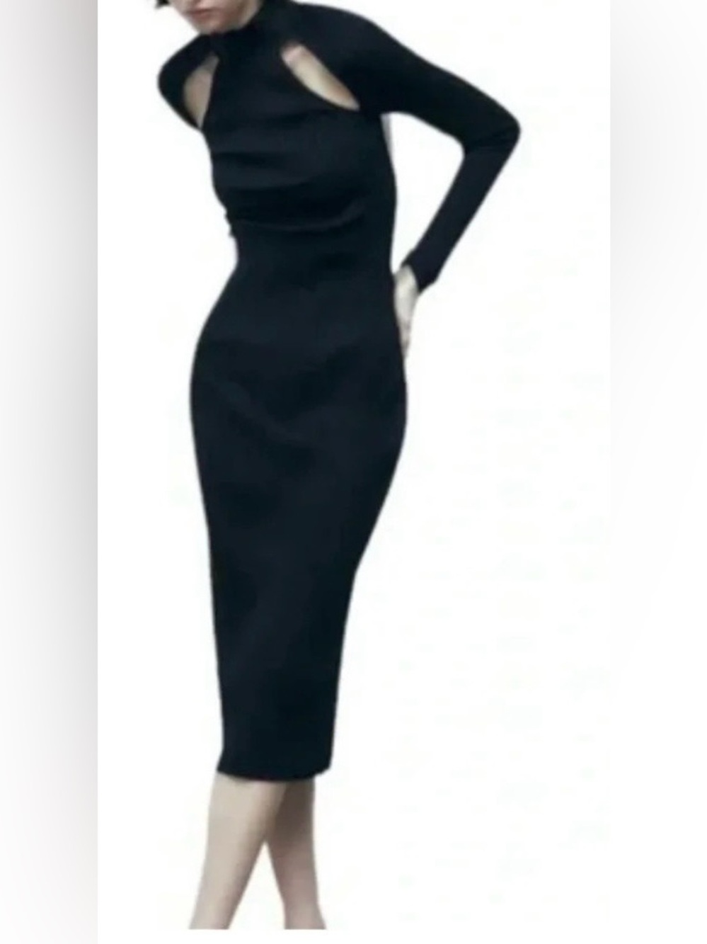 Zara knit midi dress Front cutouts Long sleeved Black Size S NWT Stretchy Sleek